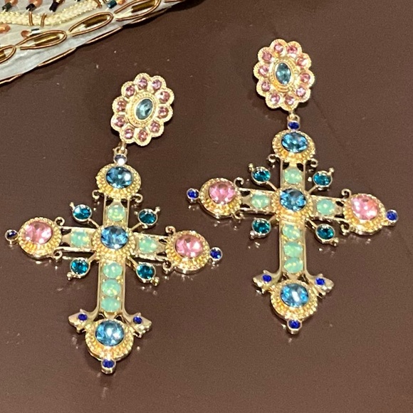 Elegant Gold and Teal Cross Earrings - Picture 6 of 7